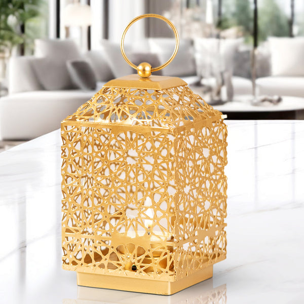 Golden Tealight Lantern, 7" Metal Glass Candle Holder Tabletop Centerpiece