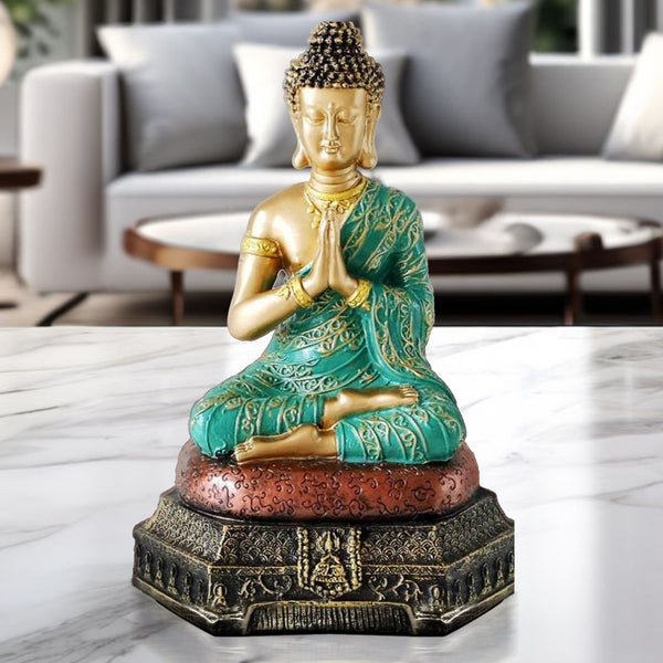 Small Buddha Statue, 9" Polyresin Green Gold Home Decor