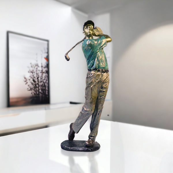 Golf Figurine Statue, Polyresin Sculpture, Large Golfer Decor for Living Room Green Silver 15 inch 38 cm