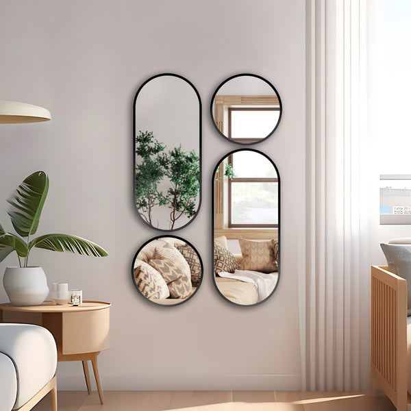 4 Pieces Accent Mirror Set, Vertical Glass Mirrors, Art on Wall, Black Modern Wall Art Decor for Living Room,  27 inch 68 cm