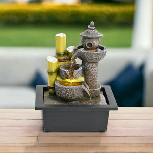 Indoor Water Fountain with Lights, 11" Asian Temple Desktop Waterfall by Sona Casa