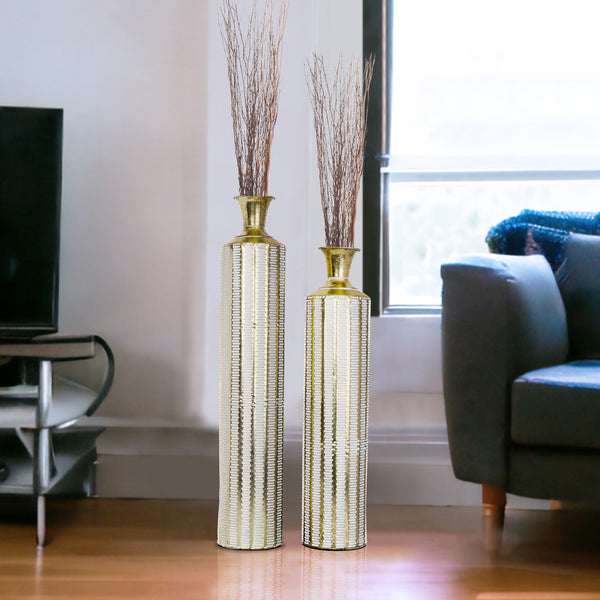 2 Piece Rustic Metal Floor Vases, Tall Vases, Golden White Distressed Design, Rustic Decorative Vase for Home, Indoor Decor Large 33 inch 83 cm Medium 27 inch, 70 cm