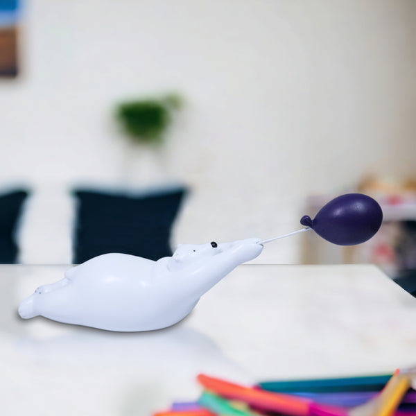 Polar Bear Statue Funny Animal Sculpture with Purple Balloon Gift for Housewarming Coffee Table Centerpiece 12 inch 29 cm