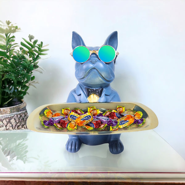 Cute Blue Dog Storage Organizer, Metal Tray Holder, Key Organizer, Table Organizer for Home or Office 9 inch 23 cm