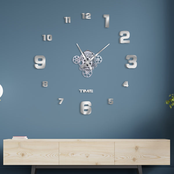 Silver Gearwork Masterpiece - Large DIY 3D Wall Clock, Silent Non-Ticking, Frameless, Silver Finish for Living Room Elegance