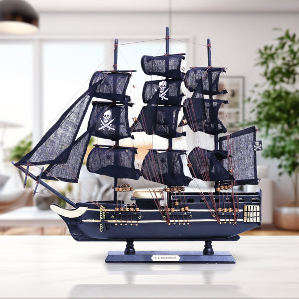 Black Wooden Pirate Ship Model With Realistic Cloth Sails - Nautical Coastal Decor For Home