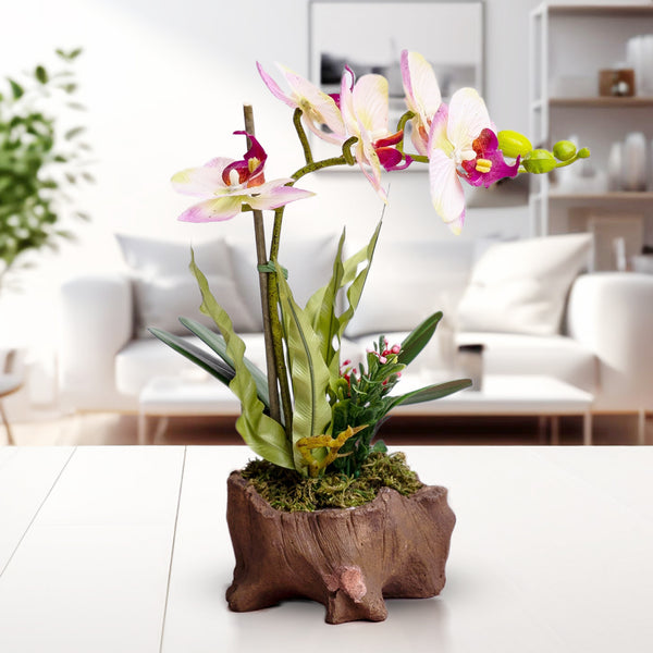 Realistic Faux Orchid In Brown Wood-Like Polyresin Planter For Elegant Home Decor