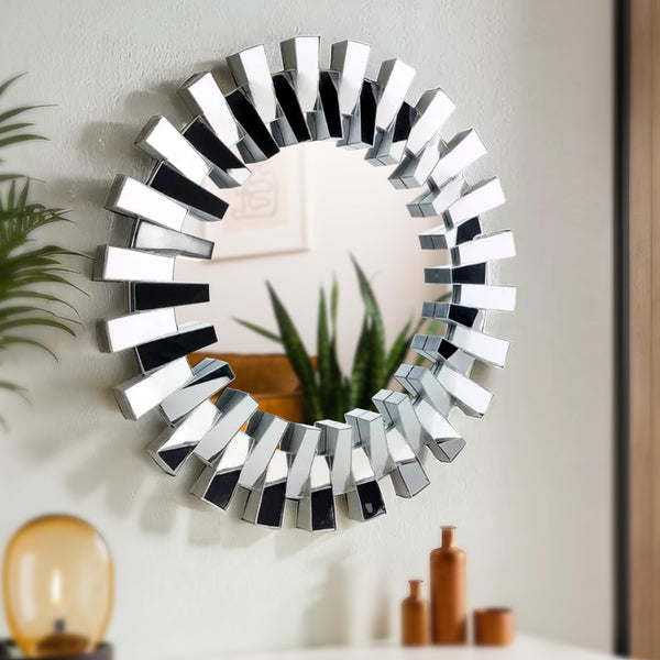 Silver Round Glass Mirror, 29" 3D Wall Decor for Living Room