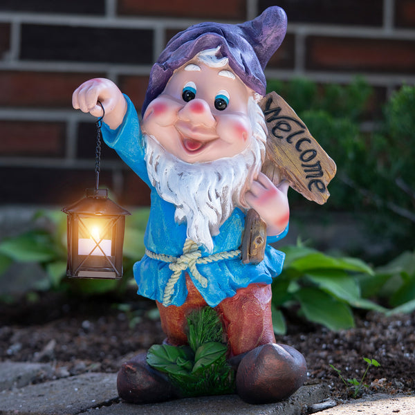 Welcome Gnome Statue with Metal Tealight Candle Holder, Outdoor Polyresin Gnome Lawn Garden Decor with Purple Hat, Large, 16 inch 40 cm