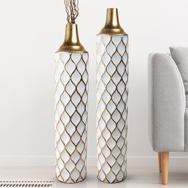 2 Piece White Gold Tall Vases, Indoor Decorative Vases for Living Room, Hallway, Home Decor Large 32 inch Medium 28 inch