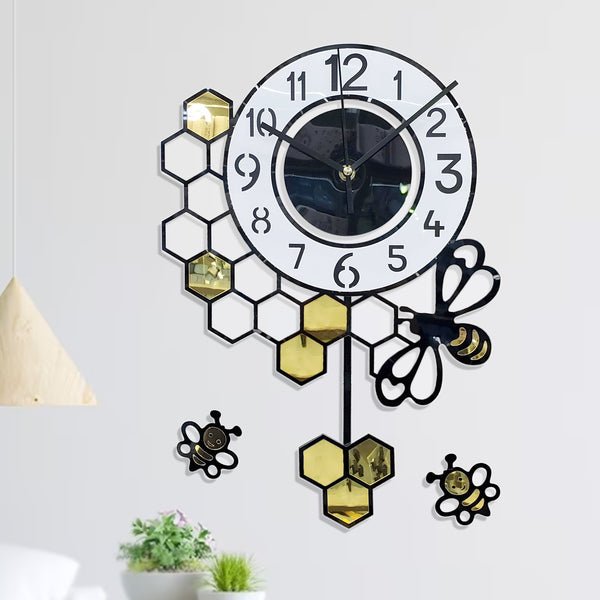 Black Honeycomb Beehive Pendulum Wall Clock - Luxury Minimalist Modern Decor