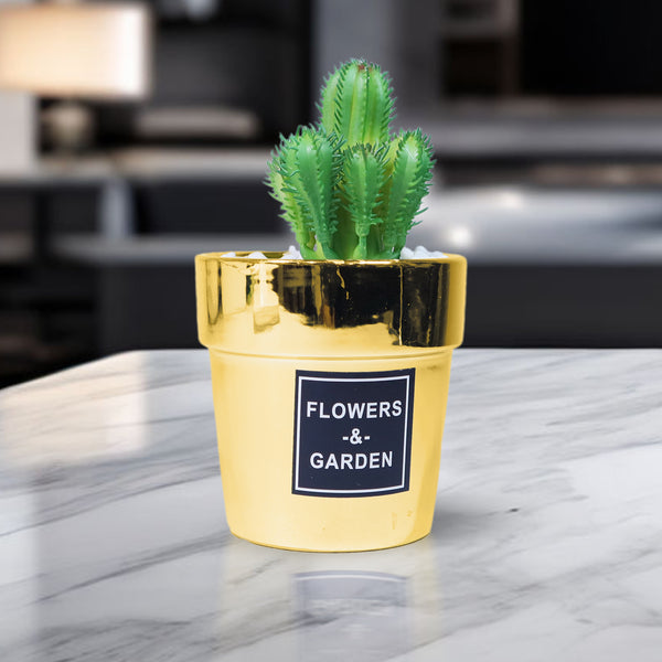 Mini Plant Pot with Cactus Faux Plant for Home or Office Decor Gold Decor Gifts 6 inch, 14 cm