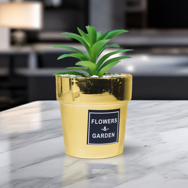 Golden Ceramic Plant Pot with Realistic Fake Plant Cactus, Home Decor, Gift for Mom 6 inch, 14 cm