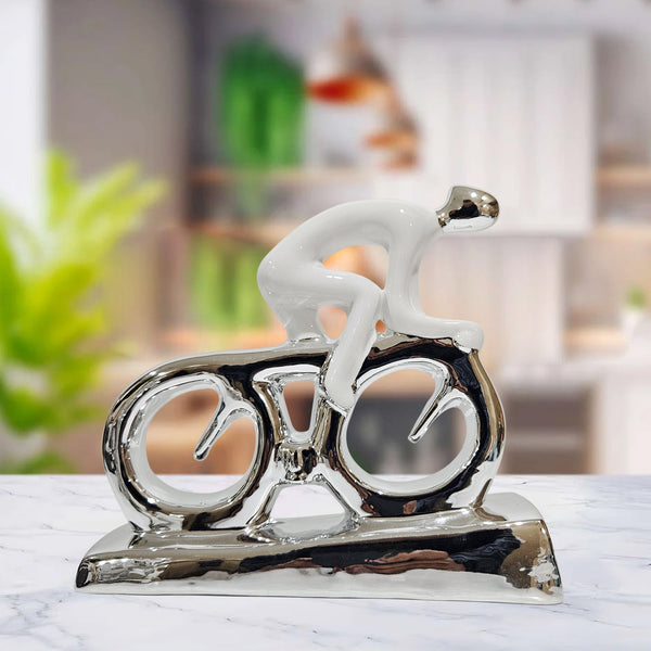 Abstract Cyclist Sculpture, White Silver Ceramic, Living Room Console Table Decor Piece