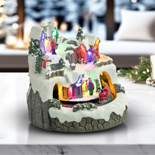 Illuminated Musical Christmas Village Set With Animated Carousel, Train Station & Figurines, LED Light-Up White Houses, Holiday Tabletop Decor