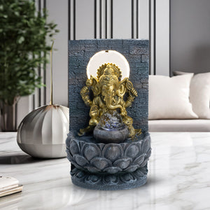 Indoor Waterfall with Golden Ganesha Statue, Lights, Crystal Ball, Polyresin Tabletop Fountain, Desktop Water Fountain, Home or Office Decor 12 inch 31 cm by Sona Casa