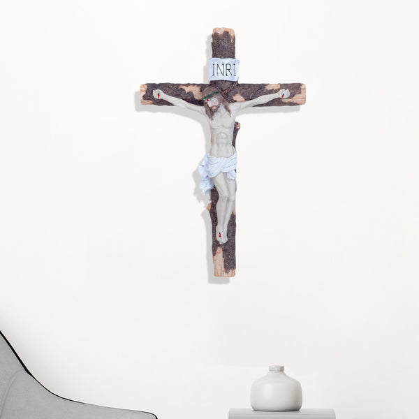 Divine Savior White And Brown Polyresin Jesus On Cross Wall Decor - Christian Easter Essence