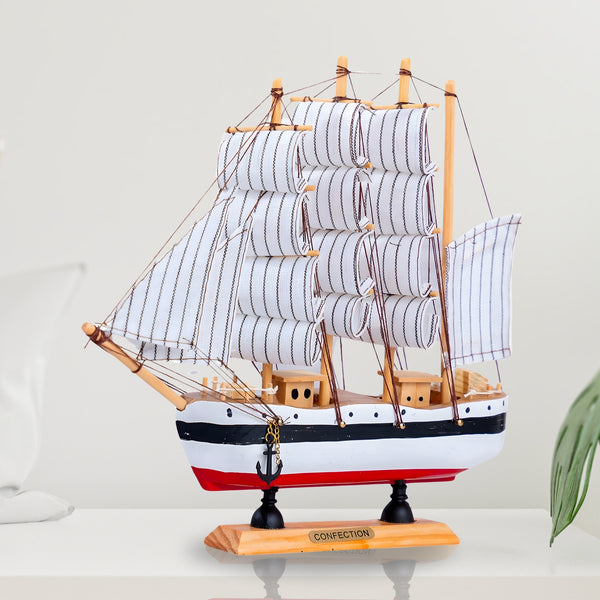 Blue Sail, White Waves Wooden Ship Model - Realistic Cloth Sails for Nautical Decor & Home Sailing Spirit