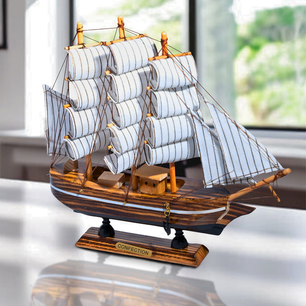 Brown Wooden Sailboat Model With Realistic Cloth Sails - Nautical Marine-Inspired Home Decor