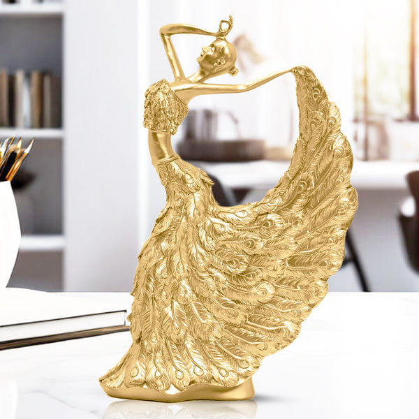 Golden Peacock Feather Polyresin Figurine - Elegant Shelf And Table Decor For A Modern Touch