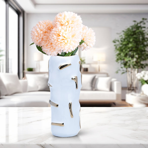 Elegant White Ceramic Vase With Golden Accents For Fresh & Faux Flowers - Bohemian Centerpiece