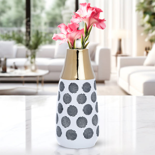 White Ceramic Bouquet Vase With Black Abstract Design And Golden Rim - Perfect For Fresh, Dry And Fake Flowers - Modern Centerpiece For Coffee Table, Mantel, And Entryway Decor