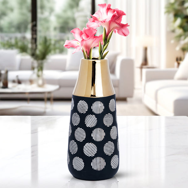 Black Ceramic Tulip Vase With White Abstract, Golden Rim - Modern Farmhouse Decor For Tables