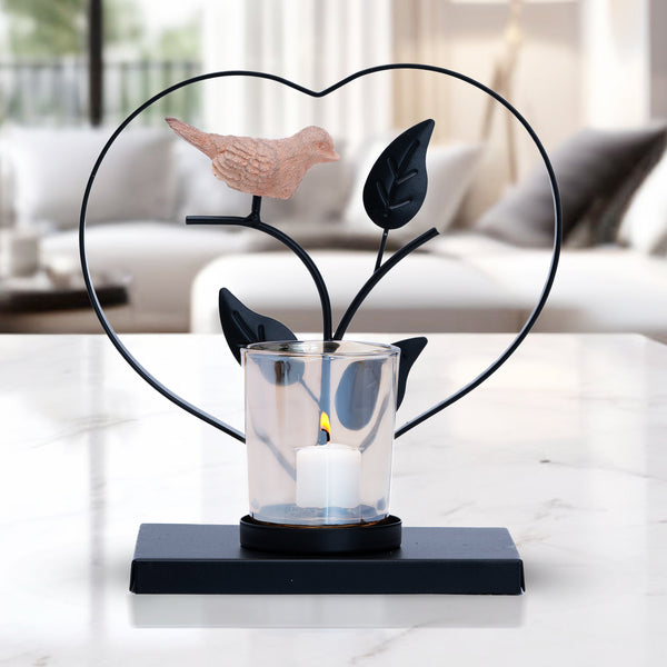 Black Metal Tealight Holder With Bird - Nature-Inspired Glass Decor For Tables