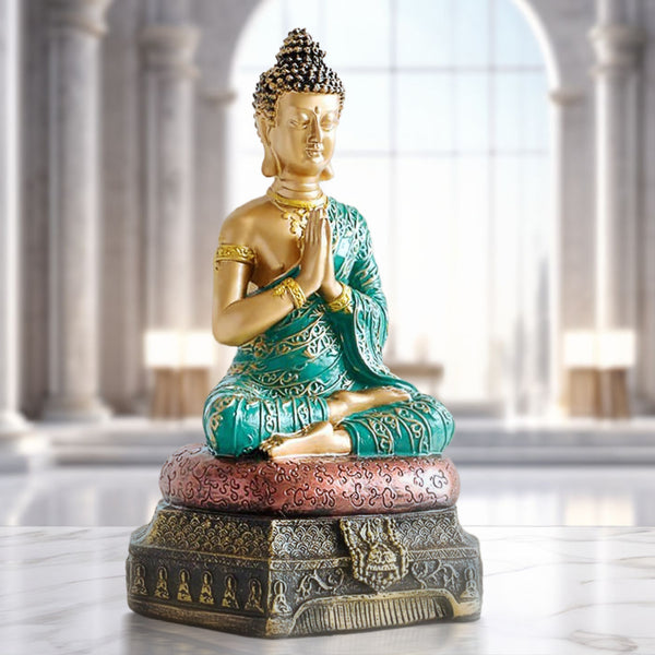 Small Buddha Statue, 9" Polyresin Green Gold Home Decor