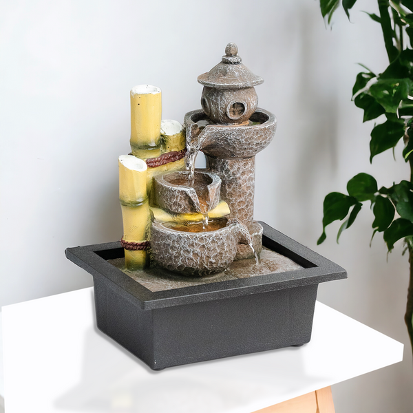 Temple Oasis Mini Tabletop Water Fountain - Fiberglass & Plastic, Grey & Black, LED Lit Waterfall for Zen Spa & Therapy Office Decor