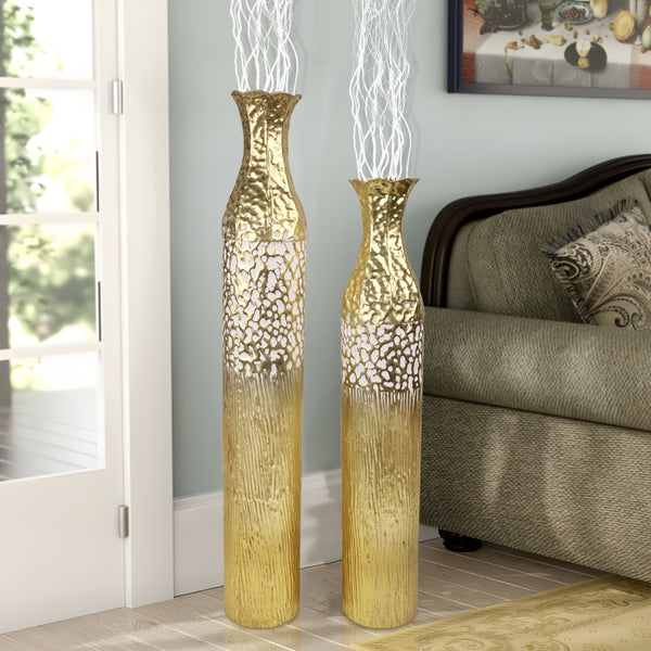 2 Piece Rustic Gold Tall Floor Vases, Metal Vase for Home Indoor Decorations 37 inch and 32 inch High