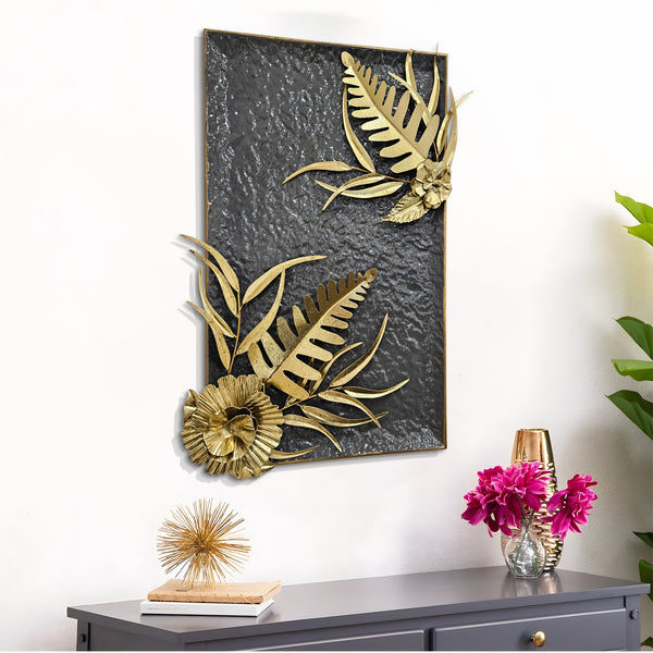 Large Metal Wall Art, 27" Floral Wall Decor, Gray Gold Home Office Decor