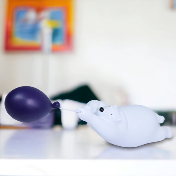 Polar Bear Statue Funny Animal Sculpture with Purple Balloon Gift for Housewarming Coffee Table Centerpiece 12 inch 29 cm