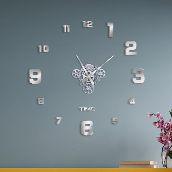 Silver Gearwork Masterpiece - Large DIY 3D Wall Clock, Silent Non-Ticking, Frameless, Silver Finish for Living Room Elegance