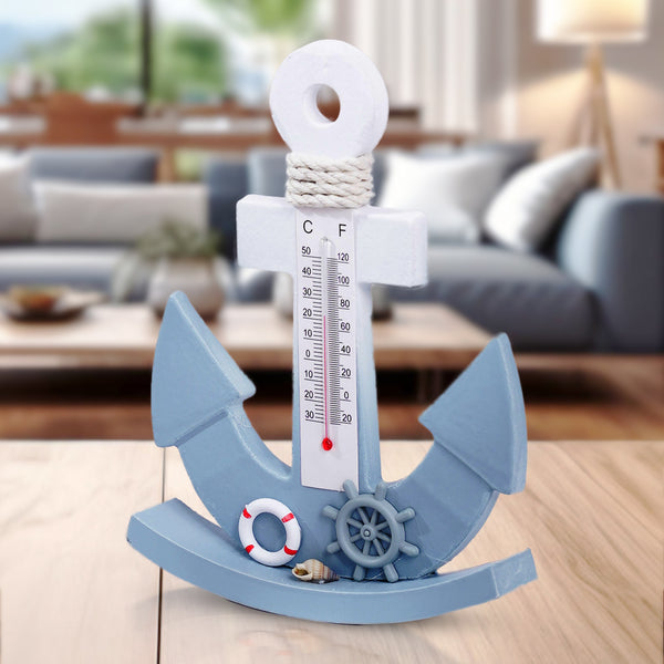 Nautical Anchor, 8" Wooden Tabletop Sculpture With Thermometer