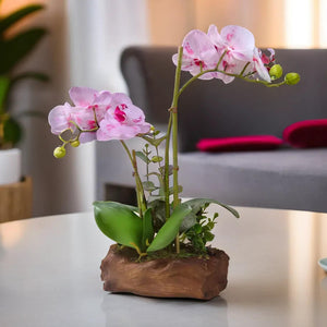 Lifelike Pink Orchid Faux Plant In Wooden-Like Resin Planter - Realistic Green Leaves & Flowers by Accent Collection