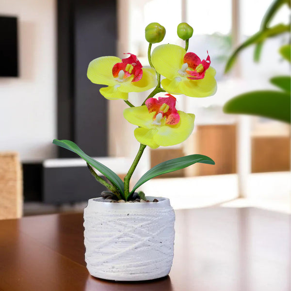 Yellow Orchid Fake Indoor Plant in White Cement Pot, Handmade Housewarming Gift 9 inch or 23 cm