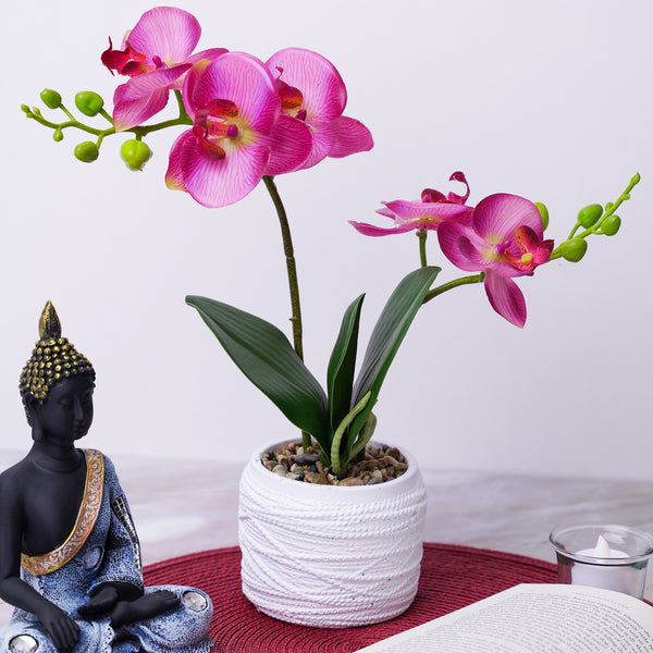 Lifelike Pink Orchid In White Planter - Resin & Fiberglass Potted Fake Plant For Desk, Shelf, And Home Decor by Accent Collection