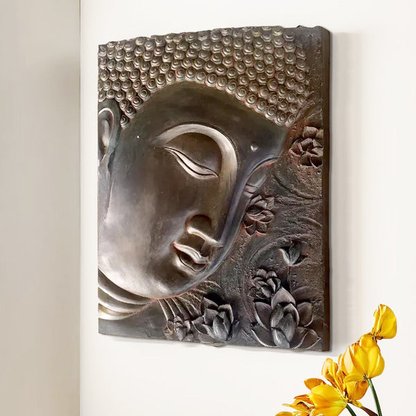 Large Buddha Wall Sculpture, 22" 3D Wall Hanging, Brown Home Decor