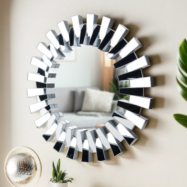 Silver Round Glass Mirror, 29" 3D Wall Decor for Living Room