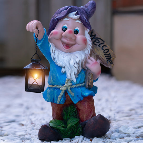 Welcome Gnome Statue with Metal Tealight Candle Holder, Outdoor Polyresin Gnome Lawn Garden Decor with Purple Hat, Large, 16 inch 40 cm