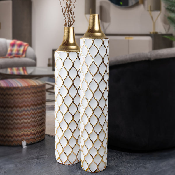 2 Piece White Gold Tall Vases, Indoor Decorative Vases for Living Room, Hallway, Home Decor Large 32 inch Medium 28 inch