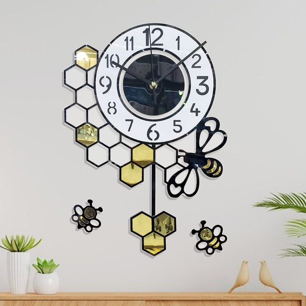 Black Honeycomb Beehive Pendulum Wall Clock - Luxury Minimalist Modern Decor