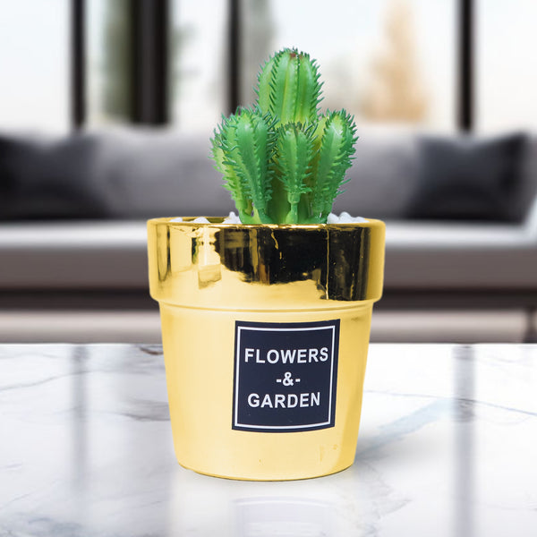 Mini Plant Pot with Cactus Faux Plant for Home or Office Decor Gold Decor Gifts 6 inch, 14 cm