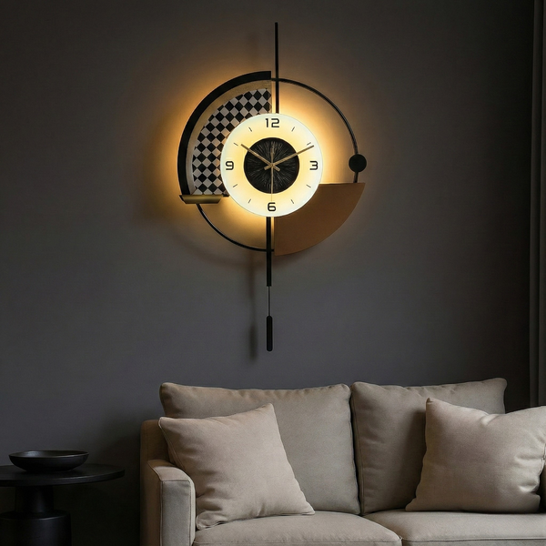 Modern Black and White Wall Clock with LED Light, Unique Geometric Design, Pendulum, Living Room Decor, Gift-Sona Casa