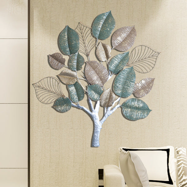 Green And Gold Tropical Metal Tree Artwork, Nature-Inspired Leaf Wall Decor For Master Bedroom