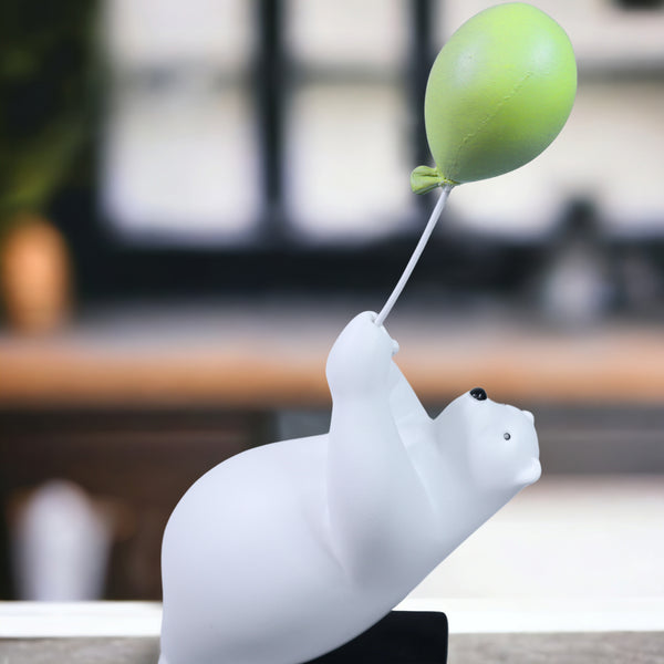 Funny Animal Statue Polar Bear Sculpture with Green Balloon Gift for Animal Lovers Polyresin Home Decor 11 inch 27 cm
