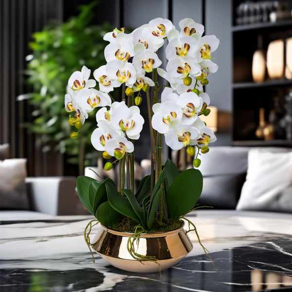 Lifelike Faux Orchid In Golden Ceramic Planter - Realistic Green Leaves & White Flowers For Home Decor