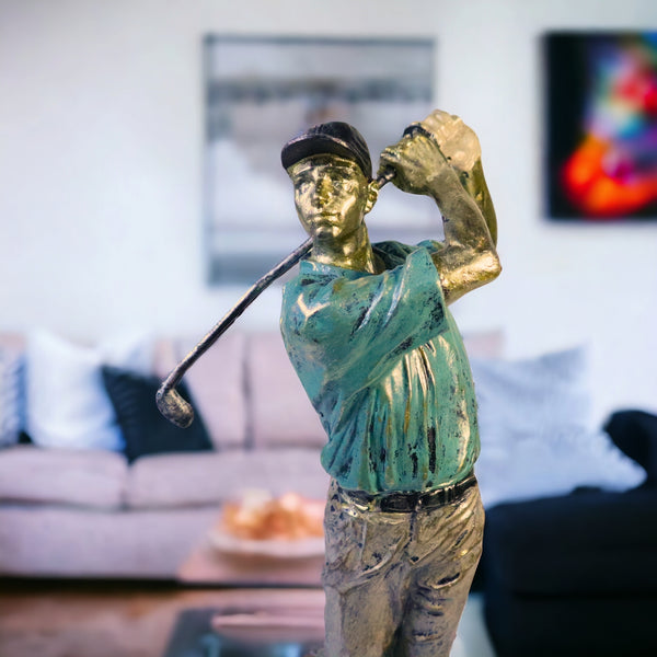 Golf Figurine Statue, Polyresin Sculpture, Large Golfer Decor for Living Room Green Silver 15 inch 38 cm