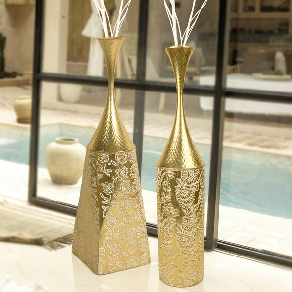 2 Piece Decorative Tall Vases, Large Gold Metal Floor Vases, Indoor Living Room Decor 32 inch 82 cm